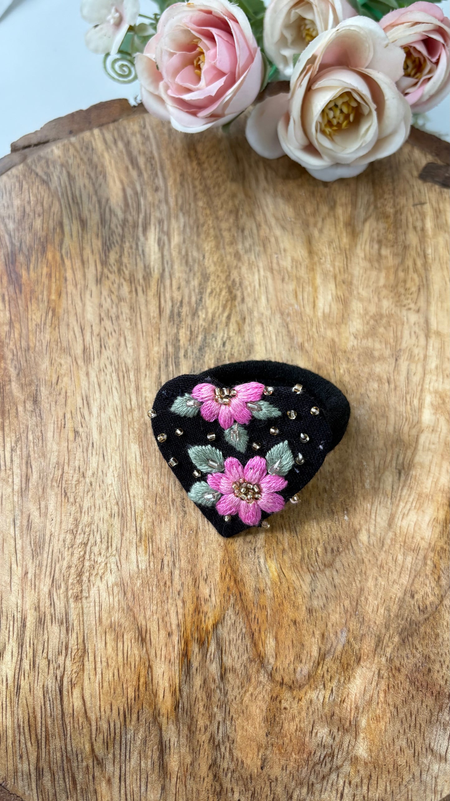 Blush rose embroidered hair tie