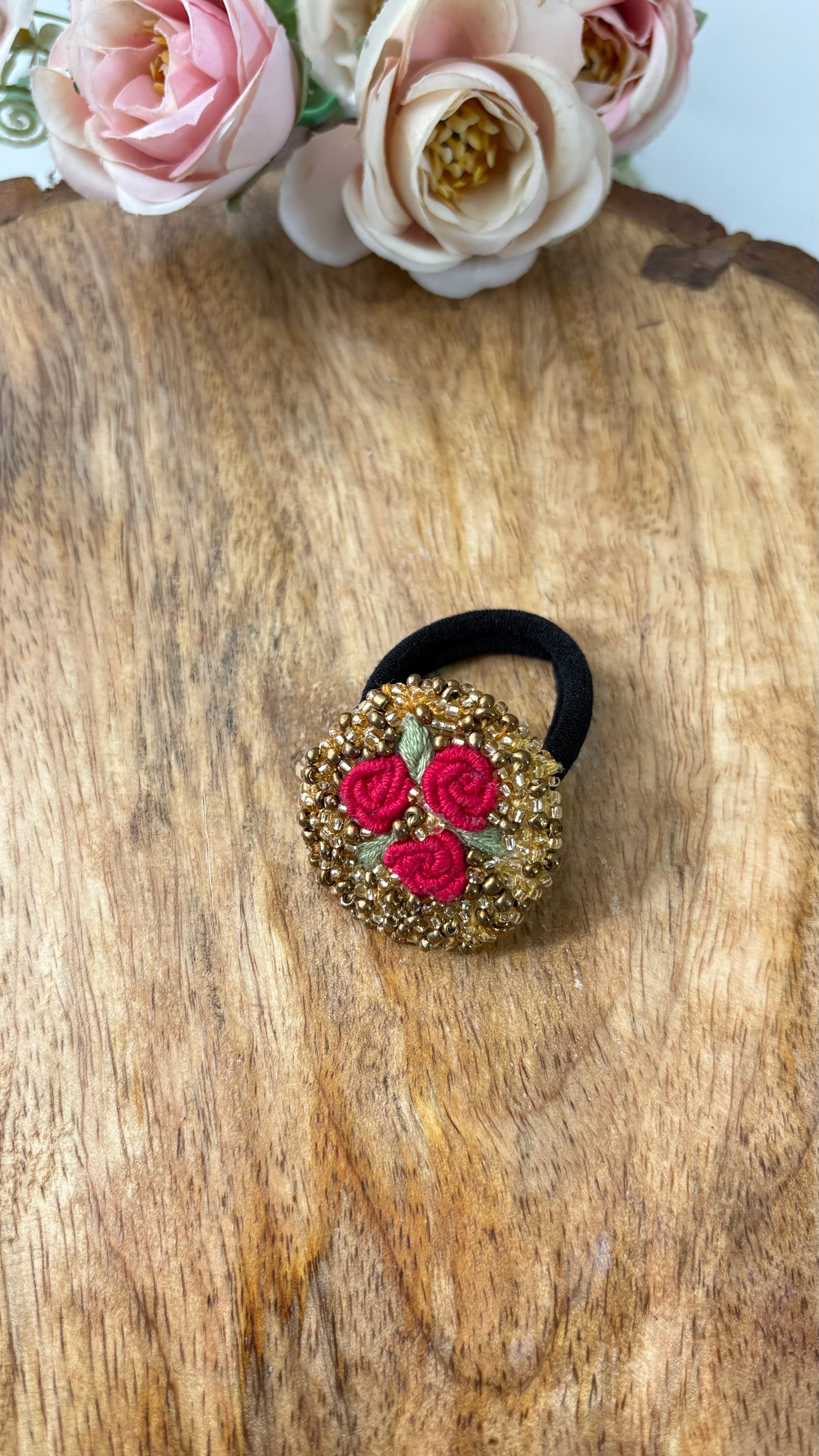 Golden floral beaded hair tie