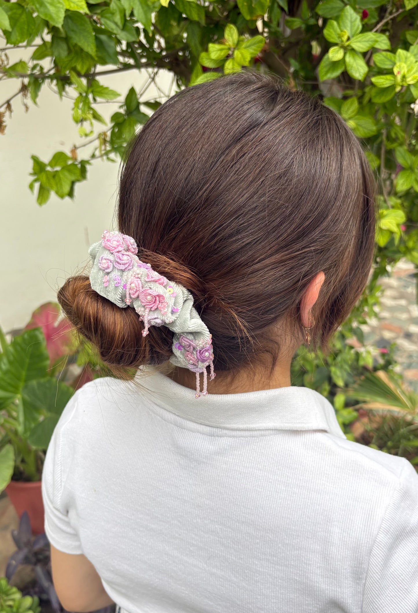 Blush beads drop scrunchies