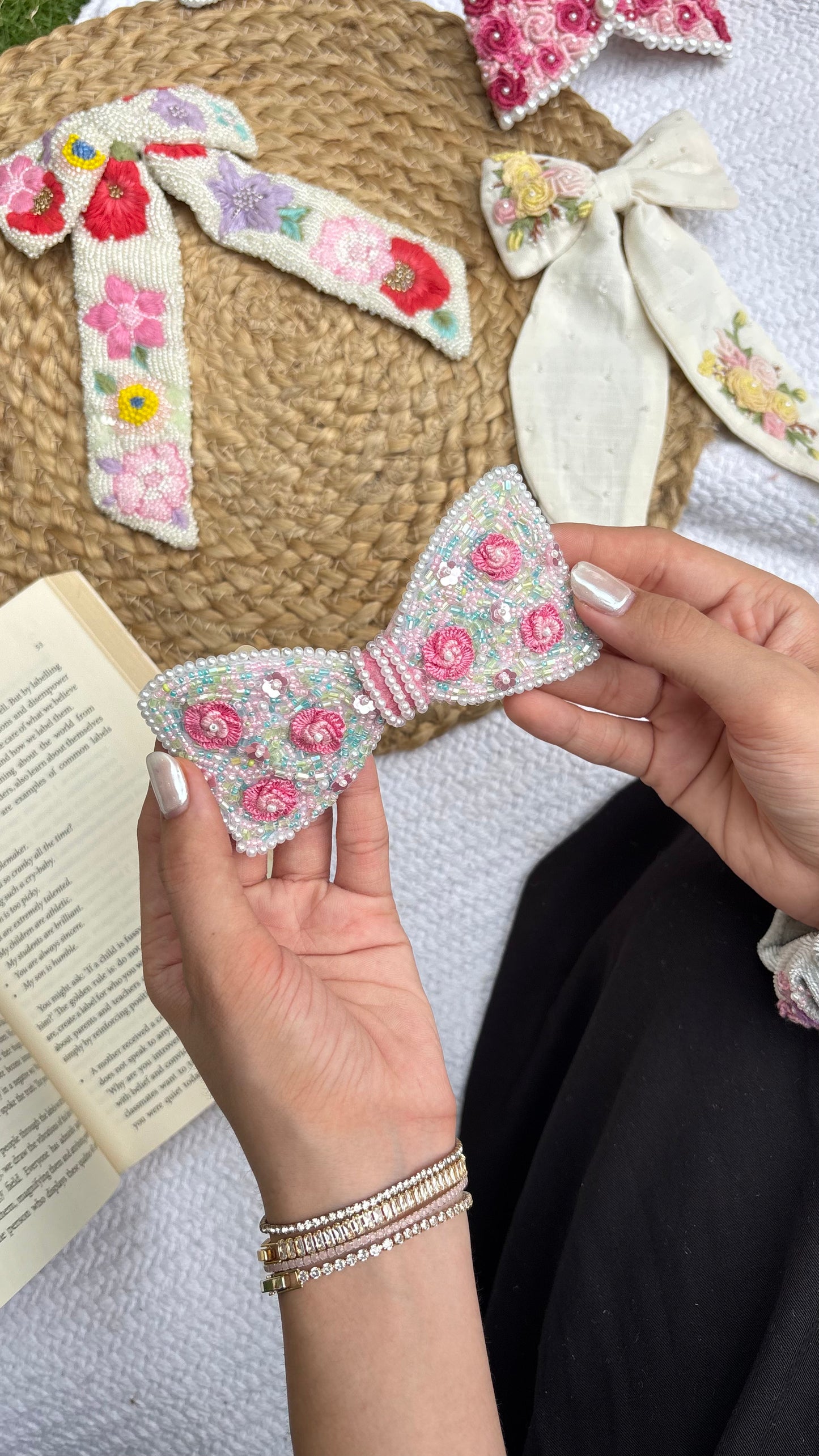 Blush beads bow