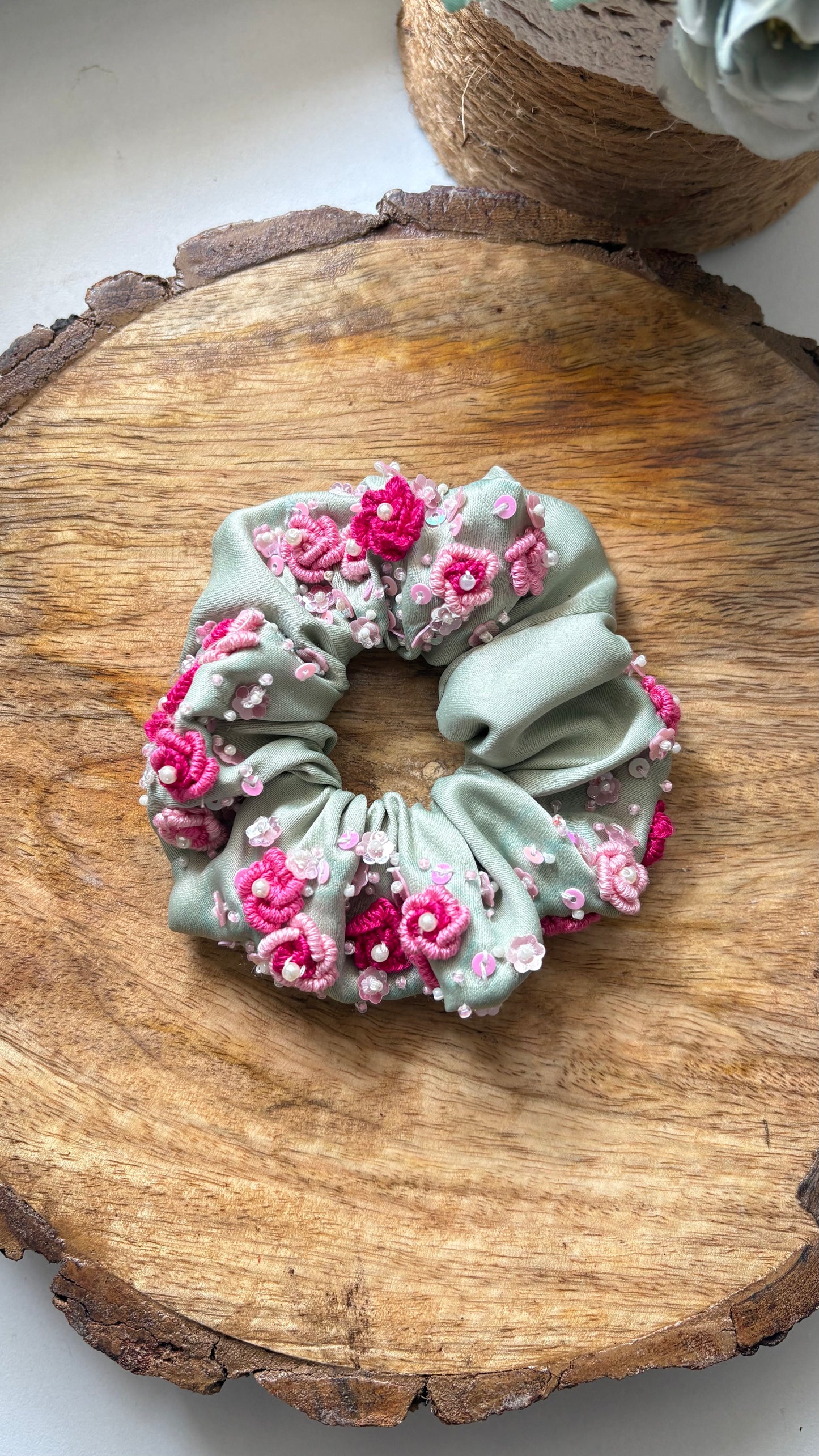 Soft mist floral scrunchie